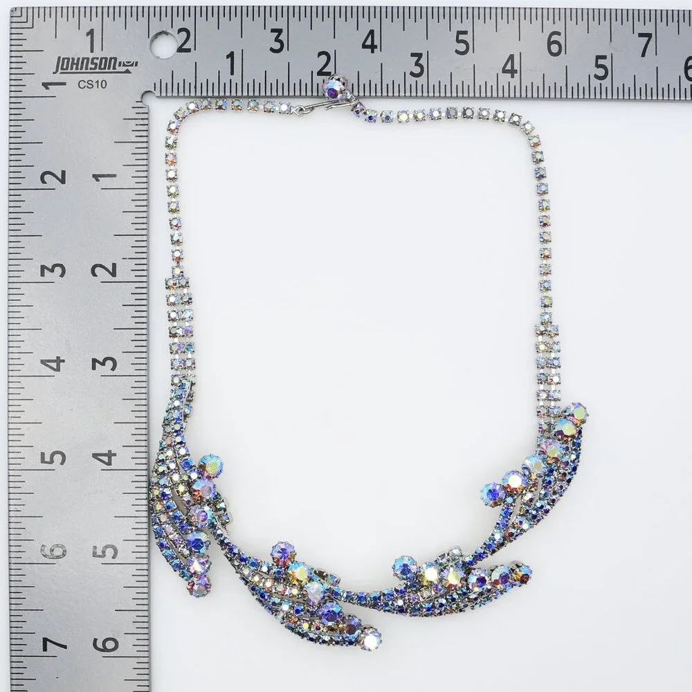 Vintage Rare Hobé Blue AB Rhinestones Sculptural‎ Spray and Waves Necklace 1950s